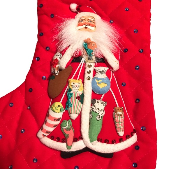 Vintage Quilted Sequin Santa Animals Pets Christmas Stocking Fur Cuff 18" Kitsch - Picture 3 of 14